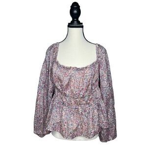 J Crew Floral Peasant Style Top‎ Women's L Elastic Waist Long Sleeve Boho NWT
